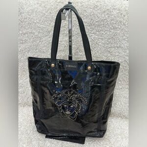 Versace Black Patent Leather Medusa Cut Out Tote Bag